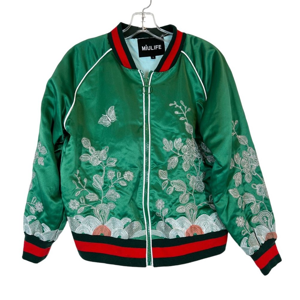Green Satin Embroidered Bomber Jacket Floral Butterflies Small